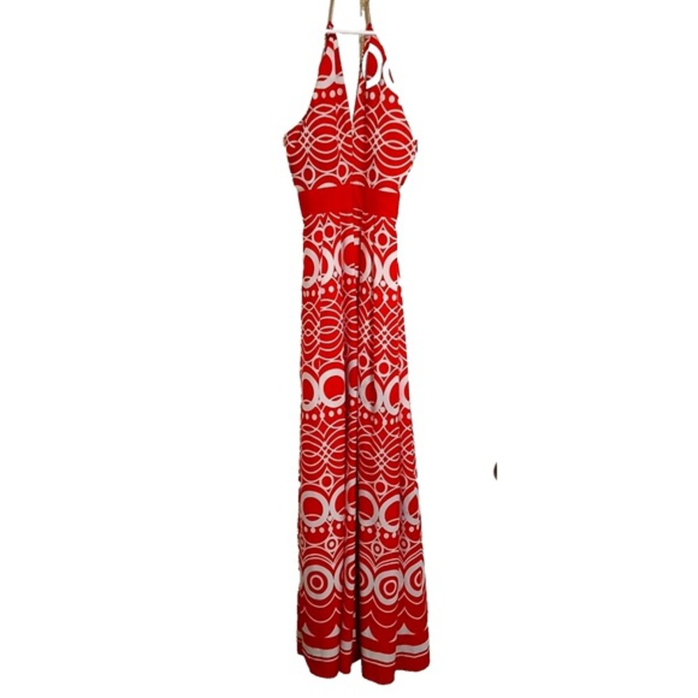 Eliza J Maxi‎ Dress Geometric Sleeveless High Neck Size 4 Orange White Crepe